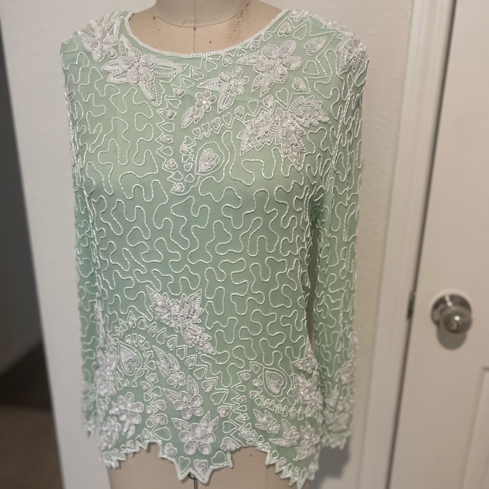 Vintage Light sage white beaded top